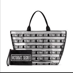 Victoria’s Secret Weekender Tote Bag and Wrislet Black  and silver Sequins
